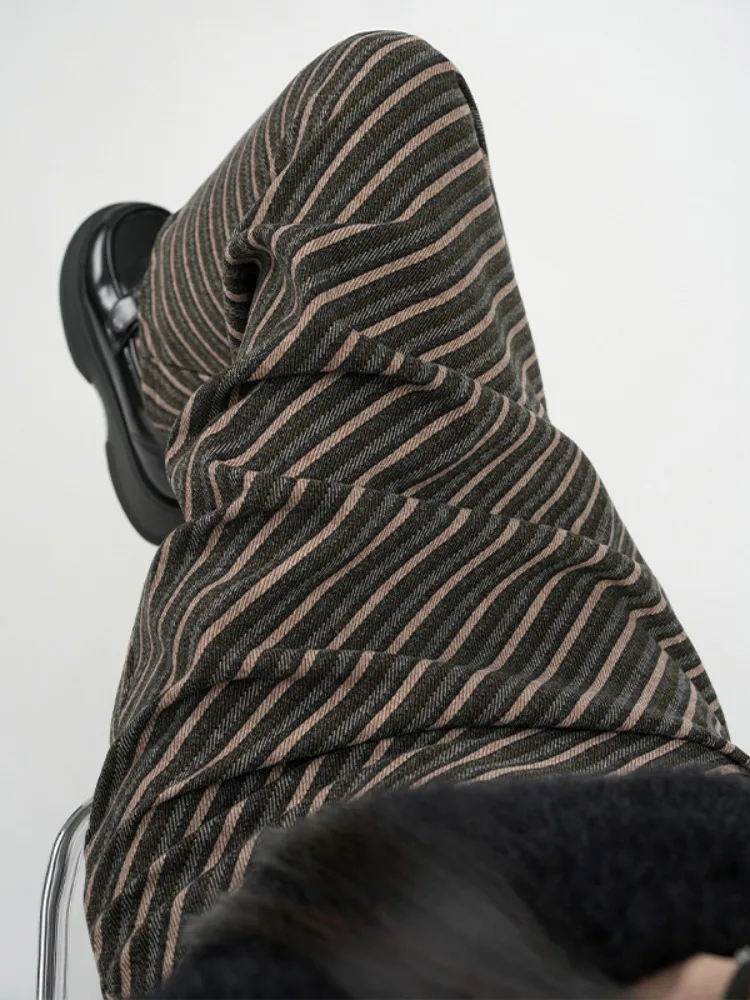 

Retro Diagonal Stripe Woolen A-Line Midi Skirt Women's High Waist Loose Fit Autumn Winter Faionable Bodycon Skirt