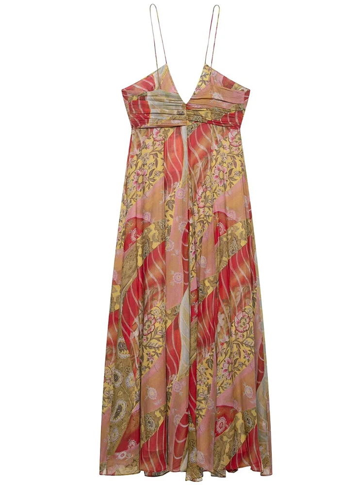 HXAO Print Slip Dress Womens Dresses Summer 2025 Boho Floral Sleeveless Backless Dress Sexy Ruffled Lace-Up V-Neck Maxi Vestidos