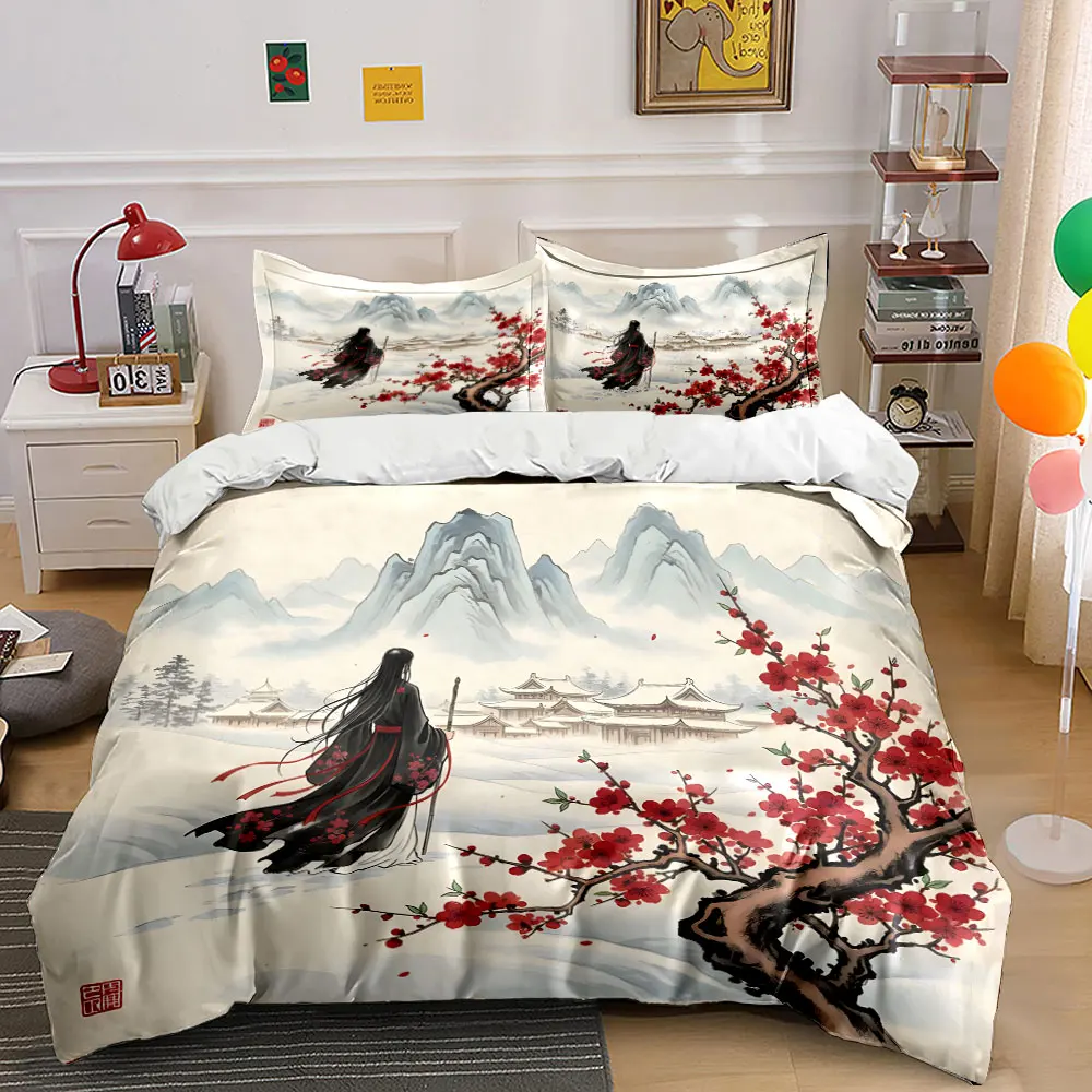 Plum blossoms, red robe, snowy mountains Print Soft Comfortable Duvet Cover Bedding Set Included 1*Duvet Cover 2*Pillowcases