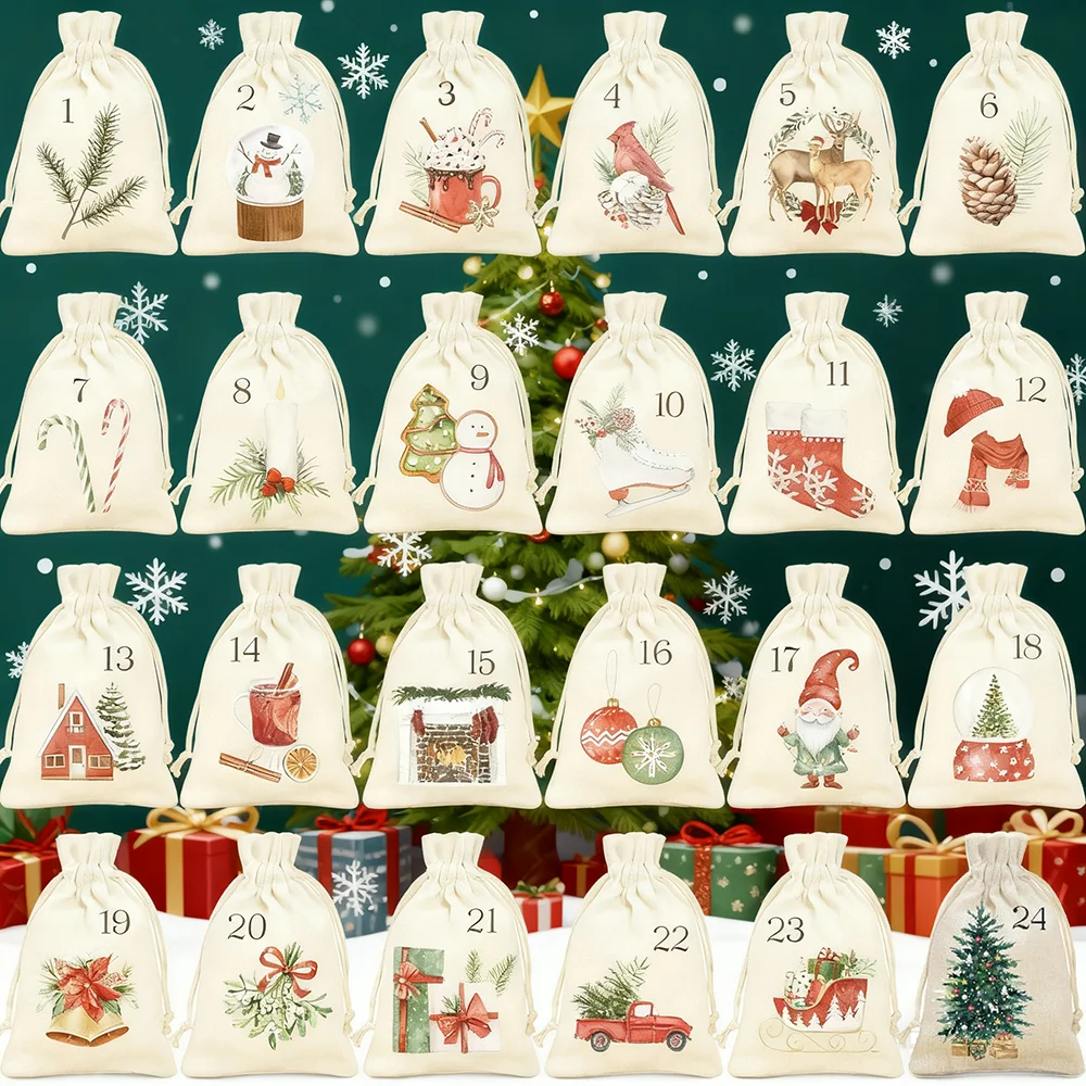 Sacs de calendrier de l'avent de noël, 24 pièces, sacs cadeaux en toile de jute à cordon de serrage pour bonbons, collations, bricolage artisanal, cadeaux de fête de vacances, décor mural de noël