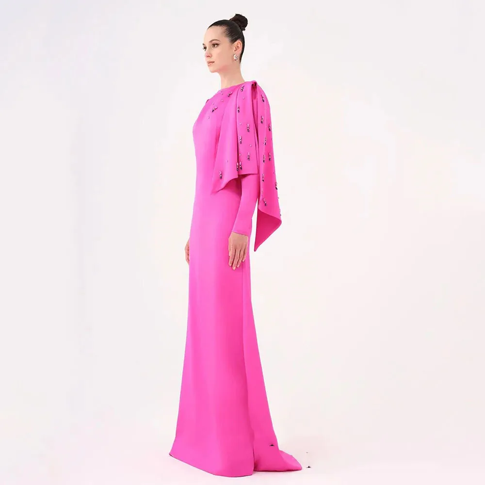 Prom Dress Saudi Arabian Party Dresses Round Neck Full Sleeves Stones Beadings Satin Formal Evening Gown Robe De SoireeCL-783