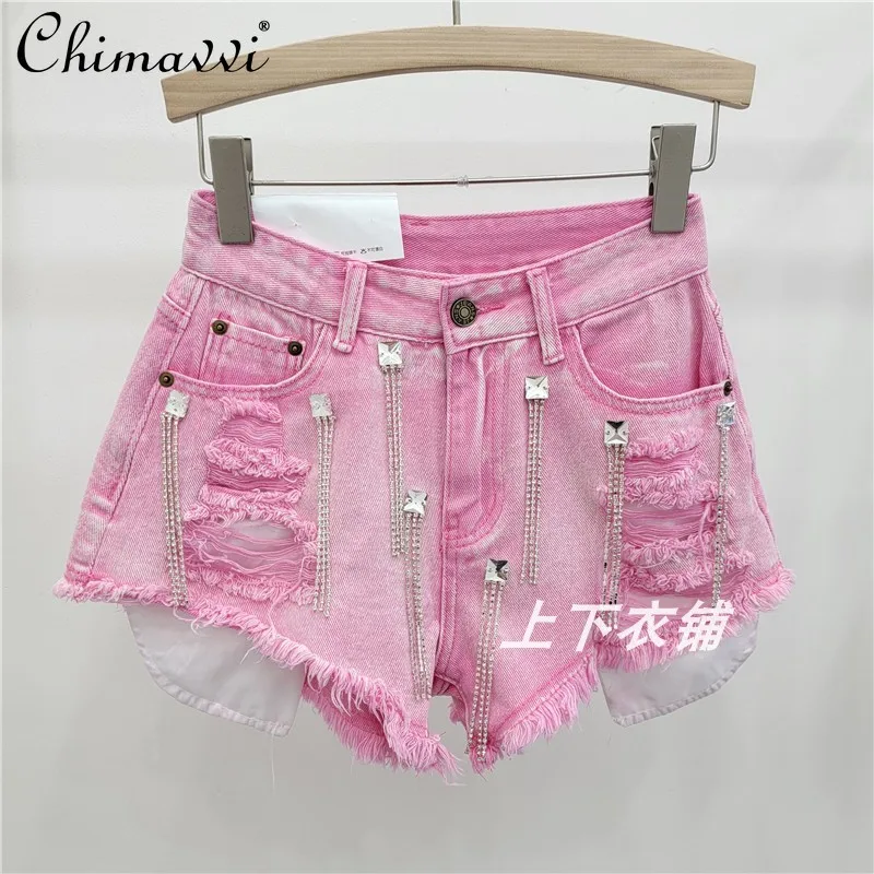 

2024 Summer New High Street Hot Girl Tassel Rhinestone Chain Ripped Frayed Three Points Denim Shorts Girl Versatile Shorts Women