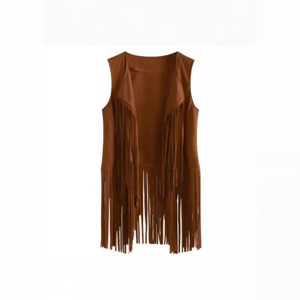 Vintage Inspired Suede Tassel Vest Women Sleeveless Open Front Cardigan Loose Casual Outerwear Fashion Street Trend Coat