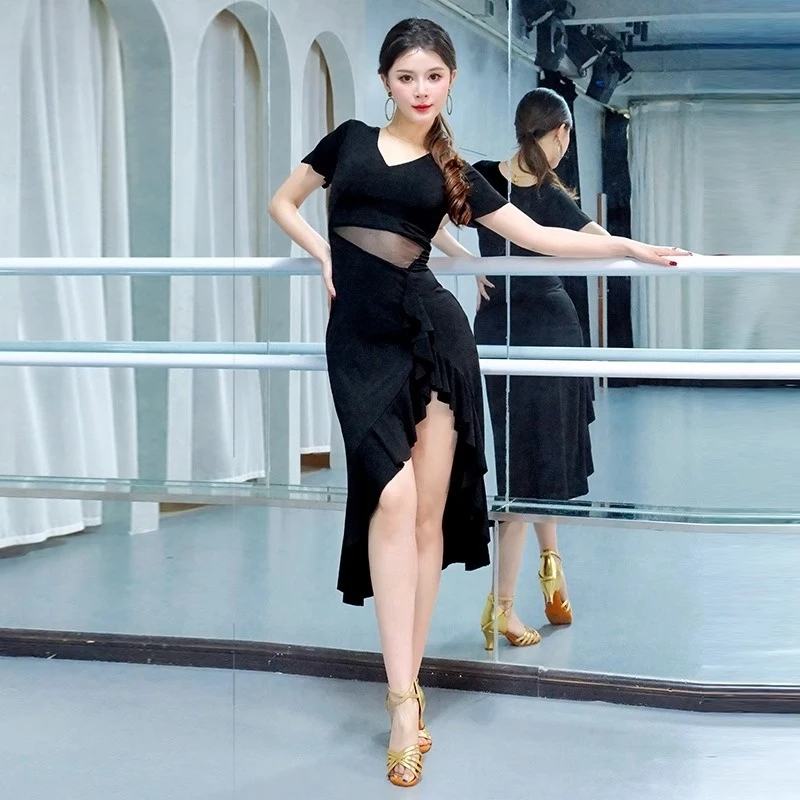 

New Latin Dance Dress Women's Sexy Short-Sleeved Dress Latin Ballroom Cha Cha Rumba Samba Practice Dance National Standard Danc