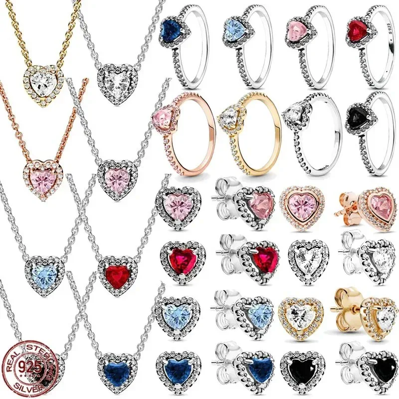 

New 925 sterling silver heart-shaped earrings, rings, necklaces, pink red rainbow luxury set, sparkling charm jewelry, gifts