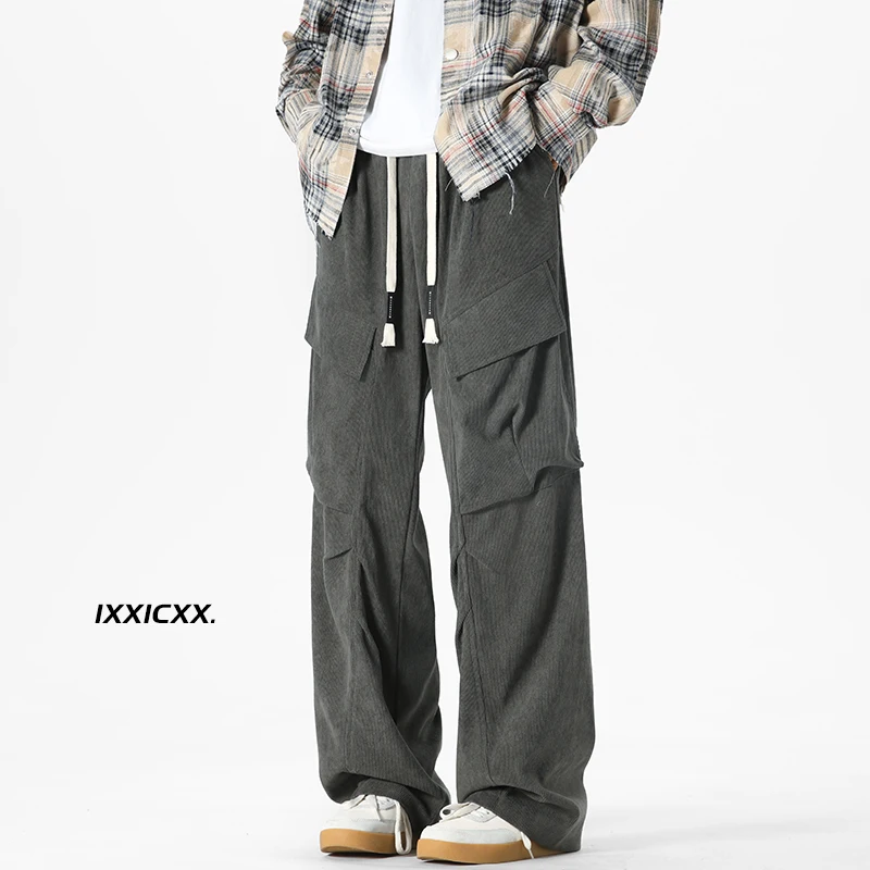 Vintage Corduroy Overalls Men's Autumn Casual Pants Big Pockets Loose Solid Colour Straight Leg Trousers