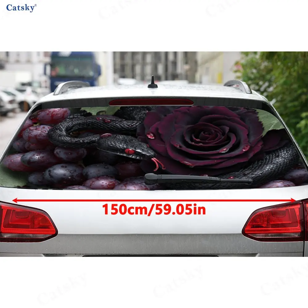 Black Snake Rose & Grapes PVC Perforated Car Vinyl Wraps, Durable Car Rear Windshield Sticker, Waterproof Car Rear Window Decal
