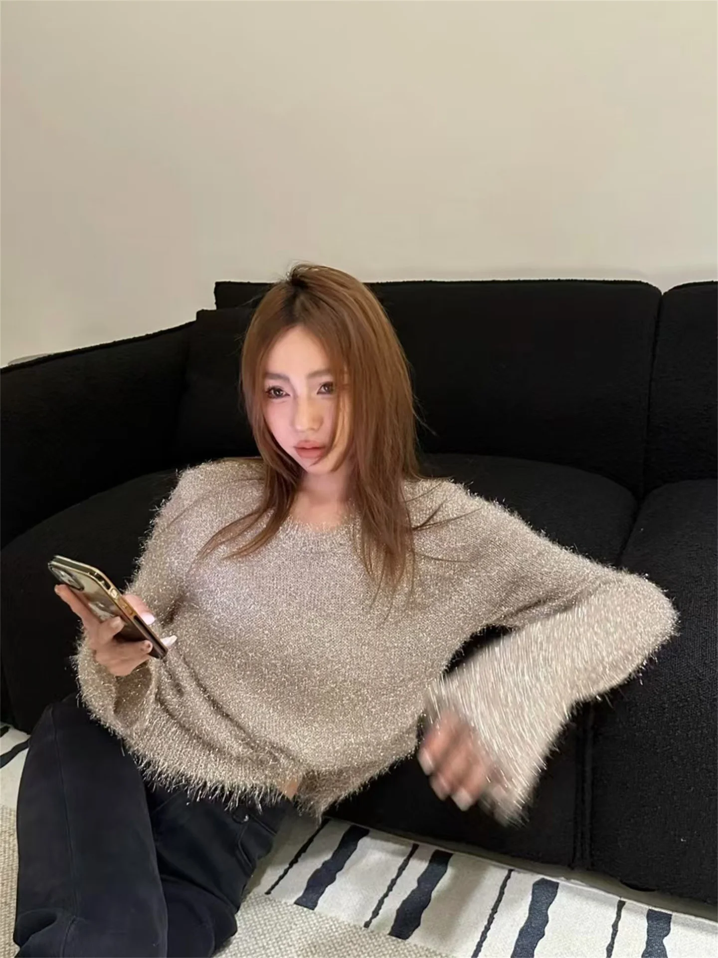 

Slimming Knitwear Faionable Korean Sle Women's Sweater Unique Attractive Top for Winter Season round Ne Long Sve