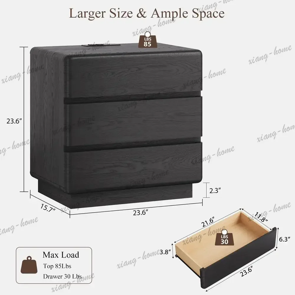 lsBlack Nightstand Set of 2 with Charging Station, 23.6 Modern Night Stand with 3 Storage Drawers, Rounded Corner Design, Bedsid
