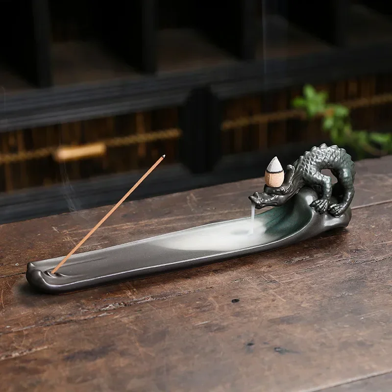 1pc Ceramic Handicrafts Lucky Feng Shui Dragon Backflow Incense Burner Incense Stick Holder Censer Home Ornament Office Decor