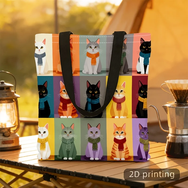 Grid Style Cats With Scarves Canvas Tote Bag Colorful Patchwork Cat Print Handbag Casual Shoulder Bag Gift For Cat Lovers