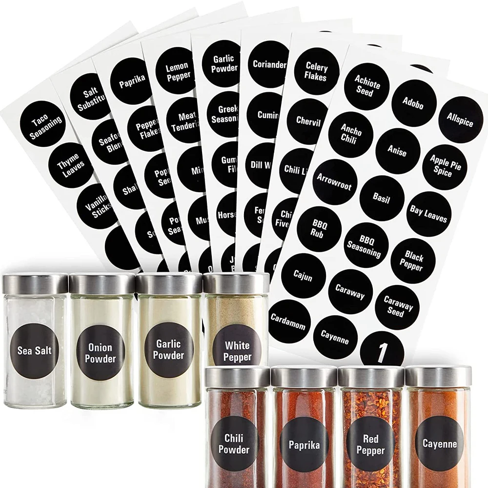 8Sheets Clear Spice Labels Jar Food Ingredients Label Stickers Decals for Chalk PVC Self-adhesive Ingredients Name Kitchen 3.8cm