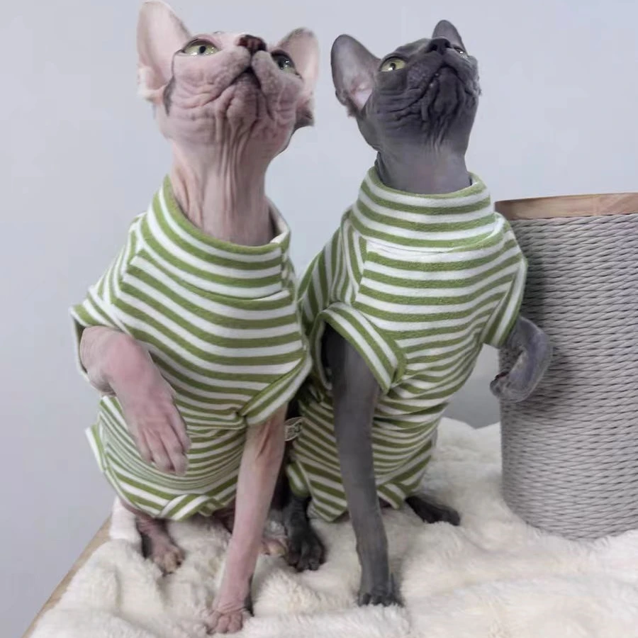 Short Sleeves 4-legged Striped Shirt for Sphynx Cat Soft Cotton High-Neck Vest for Kittens Spring Blue Green Undercoat for Cat