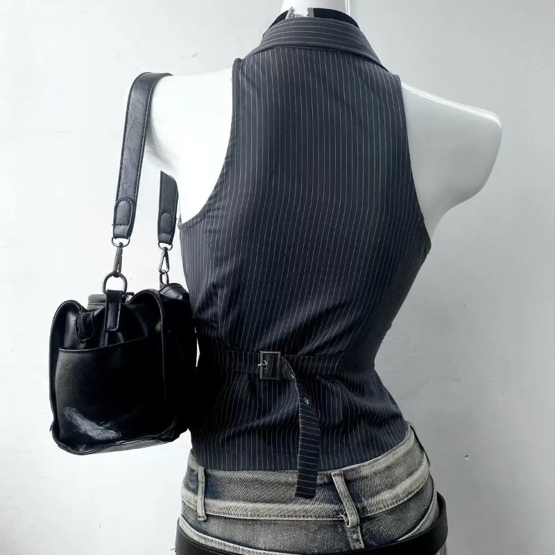 الأمريكية الرجعية مخطط سترة دون أكمام ثقافة فرعية بولو طوق سليم قميص الشارع خمر بلوزات على الموضة المرأة مثير هوتي الملابس