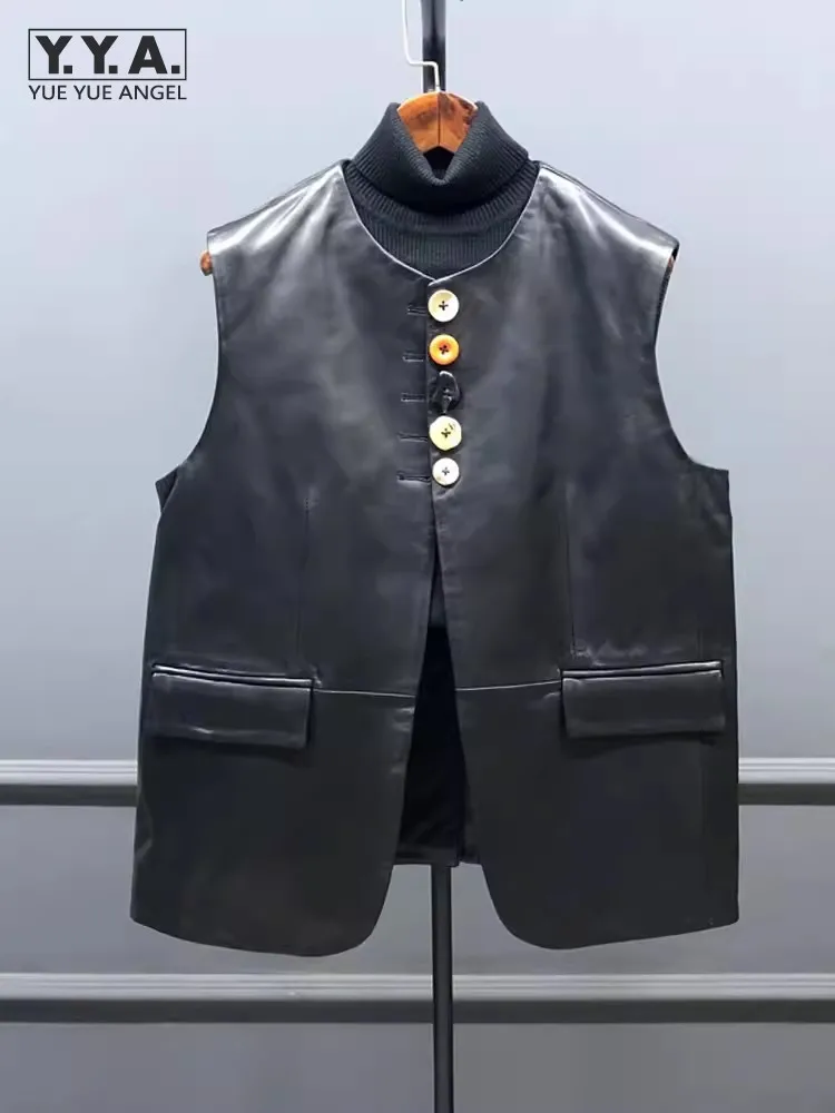 

Single Breasted O-Neck Fashion Women Black Vest Genuine Leather Sleeveless Jacket Designer Spring Autumn Female Casual Waistcoat