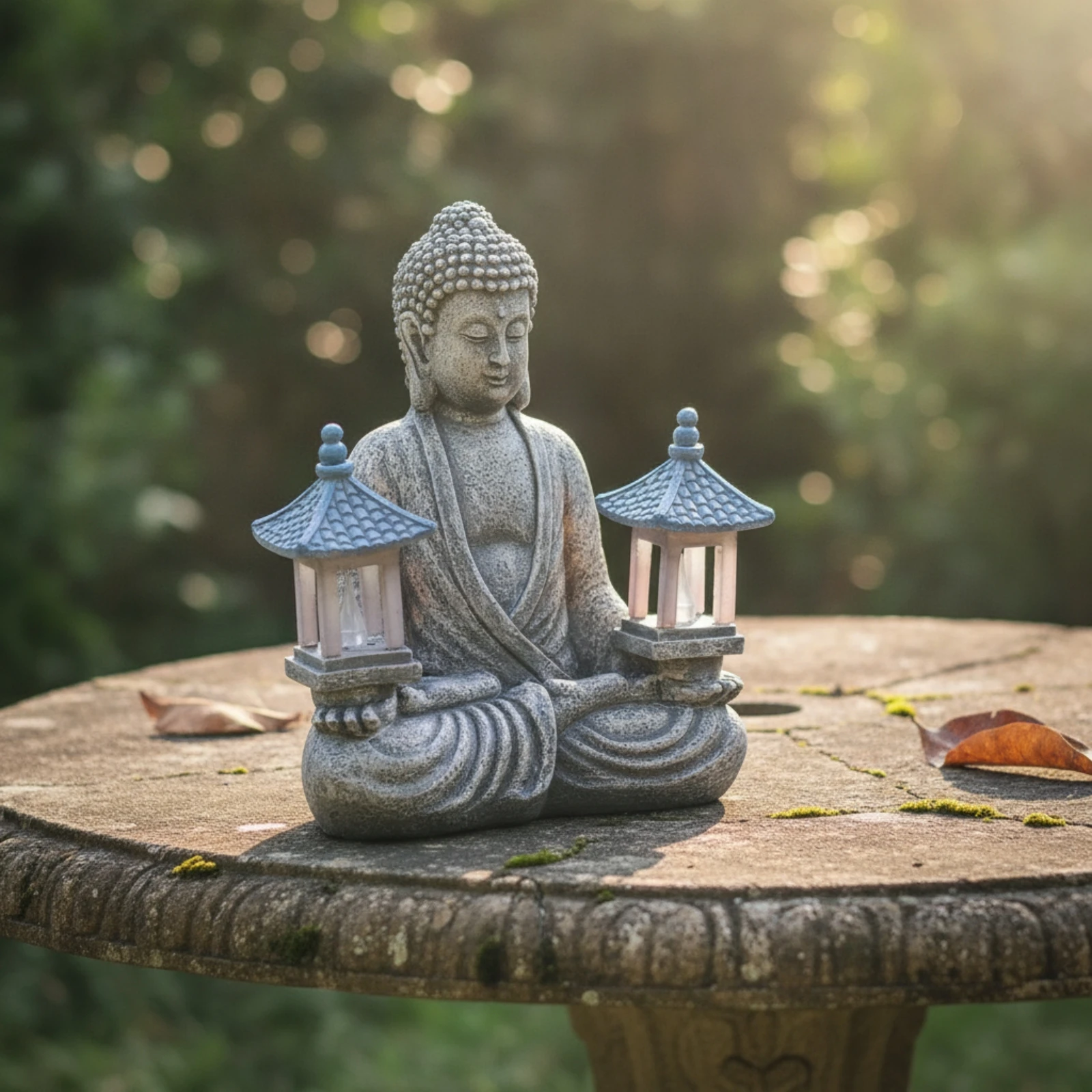 Resin Buddha Meditation Statue Stone-Like Finish Seated Buddha Statue with Lanterns Seated Meditation Figurine Peaceful