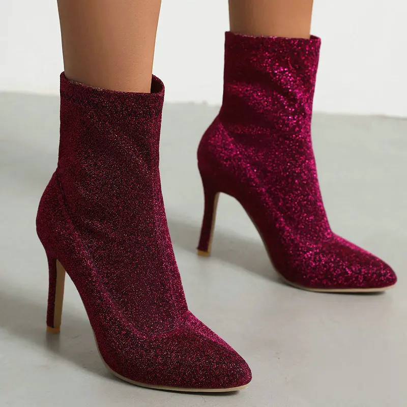 

Bling Bling Purple Silver Pointy-toe Sexy Women Stretch Boots Big Size 34-48 Thin High Heels Ankle Socks Booties Stiletto Shoes