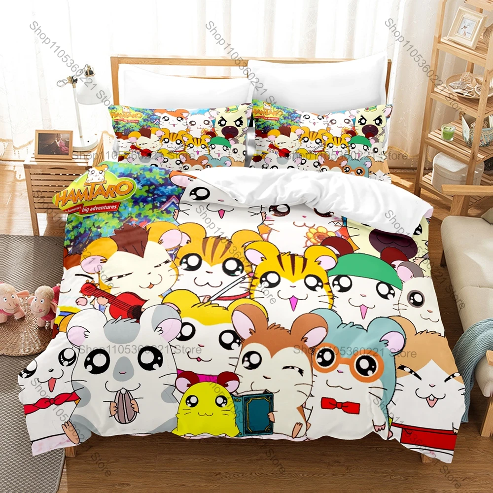 Cool Hamtaro Bedding Set Duvet Cover + 2 Pillowcases Cute Ham-Ham Gang Sunflower Seed Cartoon Anime Kawaii Bedroom Decor