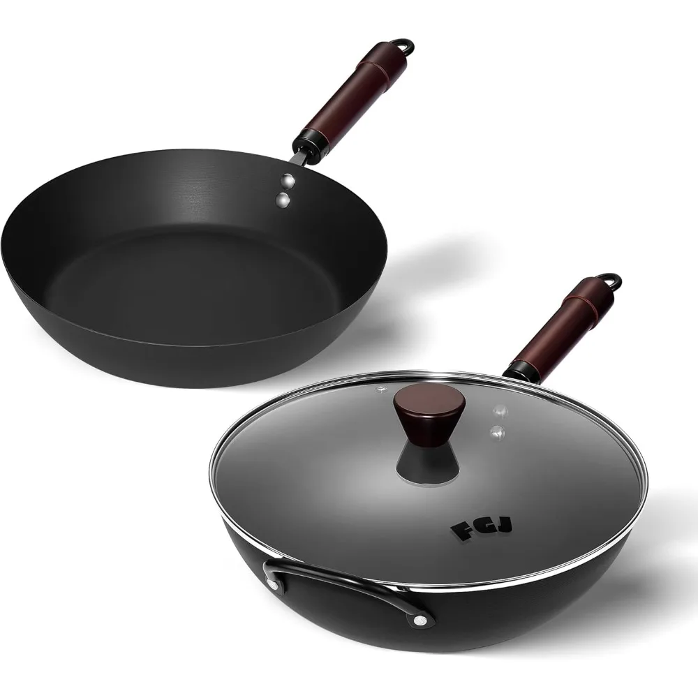 

Wok with Lid and 12 Inch Sikllet, Carbon Steel Cookware Set, Carbon Steel Woks &Stir-fry Pans Nonstick and Frying Pan