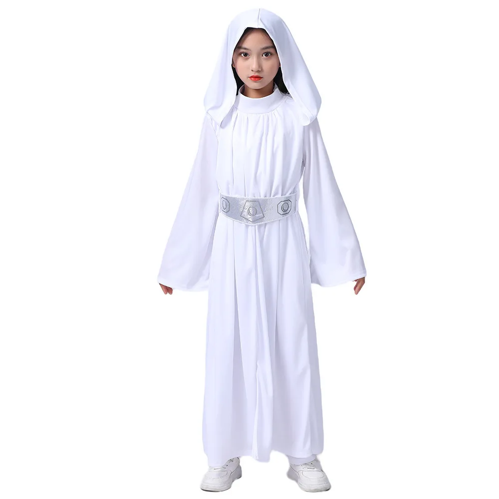 Kids Princess Leia Costume White Hooded Girls Dress Robe With Wig Halloween Cosplay Carnival Party Outfit for Child T