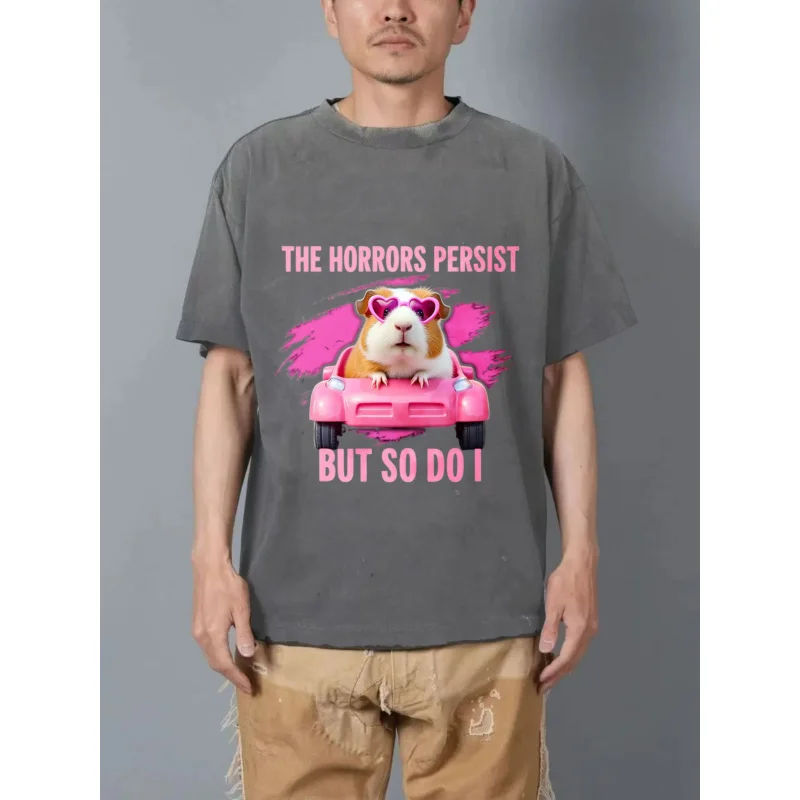 تي شيرت رجالي مغسول باللون الأسود The Horrors يستمر ولكن أنني أفعل ذلك خنزير باللون الوردي نمط مطبوع ونص عالي الجودة 100% قطن #3