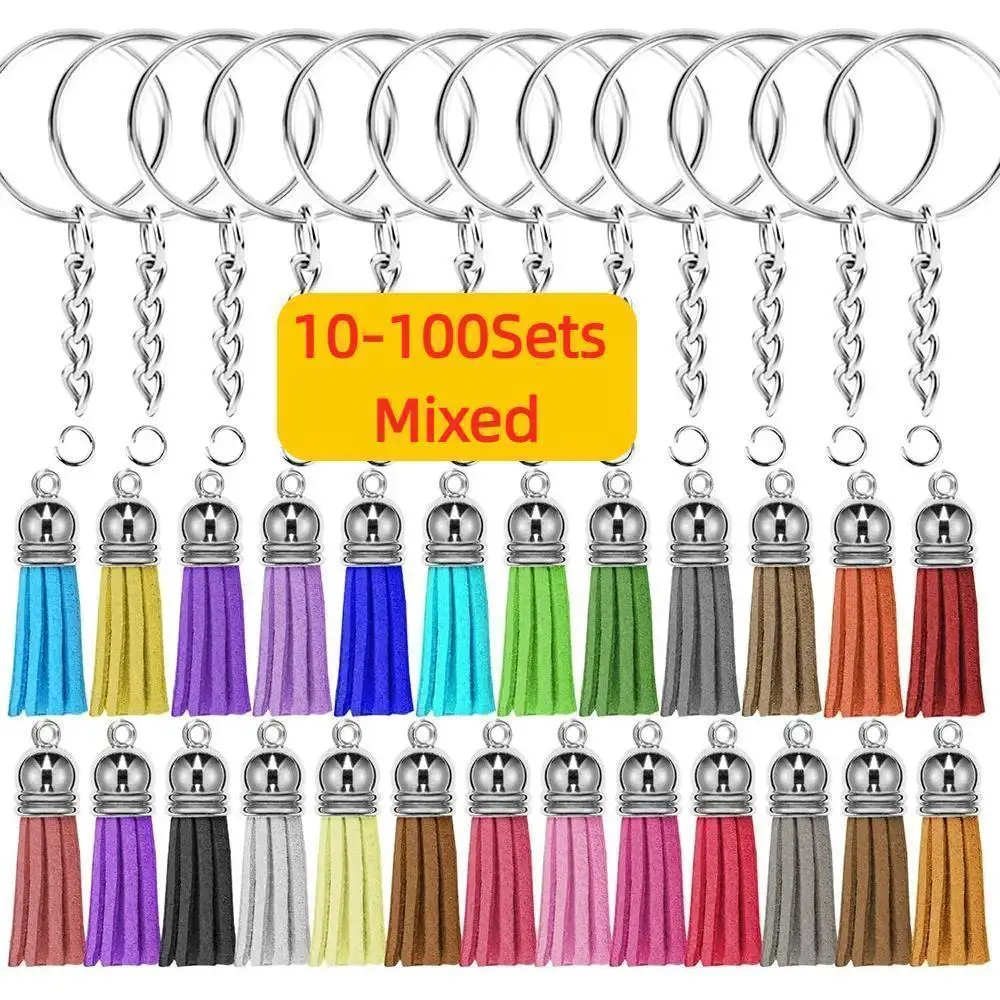 10-100Sets Key Ring Tassel Bulk With Keychain Tassels Leather for Decorations DIY Craft Jewelry Accessories