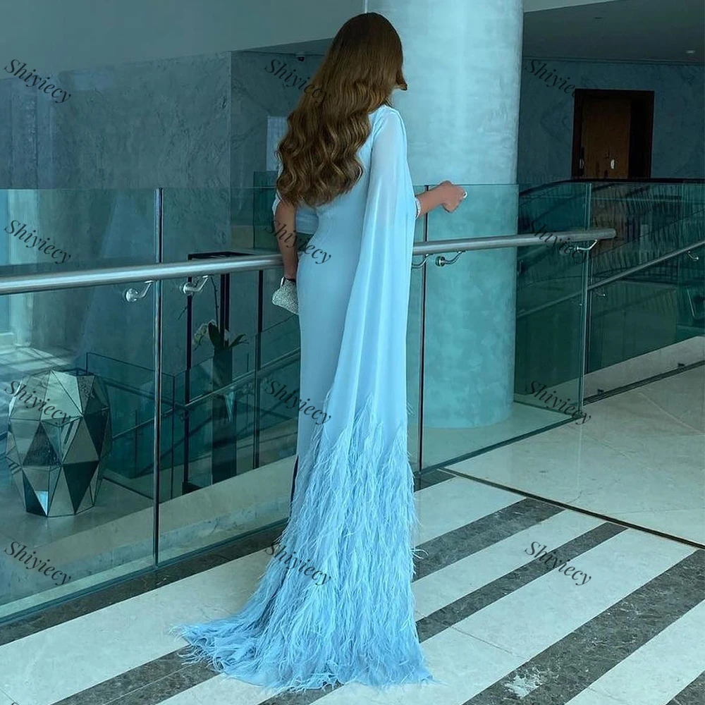 Sky Blue Chiffon Evening Dress Watteau Train with Feathers Shawl Straight Party Gowns Saudi Arabia Floor Length Prom Dress 2024