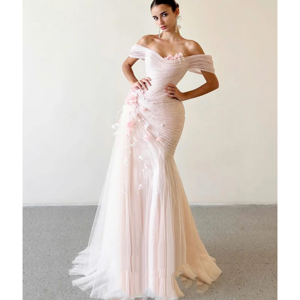 Blush Pink Off-the-Shoulder Mermaid Prom Dress with 3D Floral Appliques & Ruched Bodice - Elegant Tulle Evening Gown for Formal