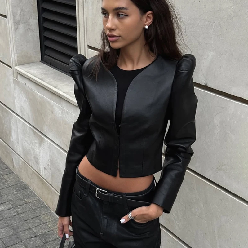 

Typhaland уличная одежда модные черные блузки из искусственной кожи женские ретро с v-образным вырезом и длинными рукавами тонкий короткий топ осенняя офисная женская верхняя одежда