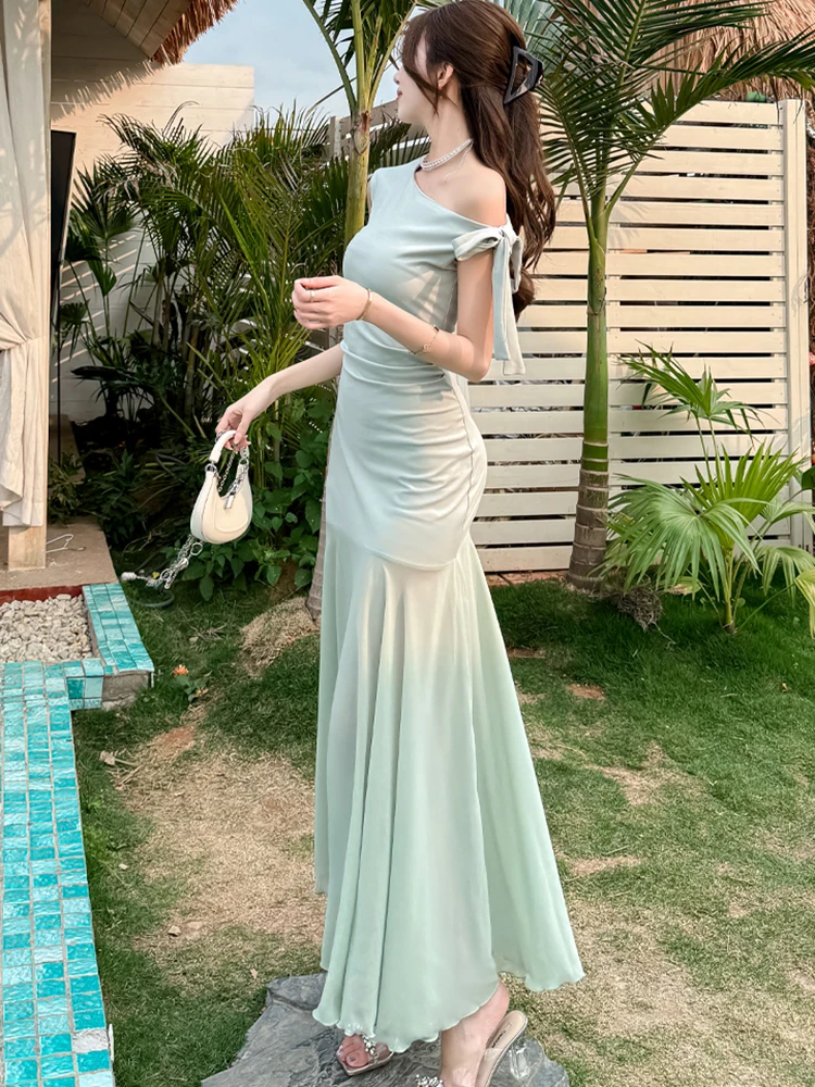 الصيف الأخضر المرقعة شبكة فستان طويل غير رسمي المرأة أنيقة شيك قطري طوق فستان مثير 2025 الكورية Bodycon فساتين عطلة