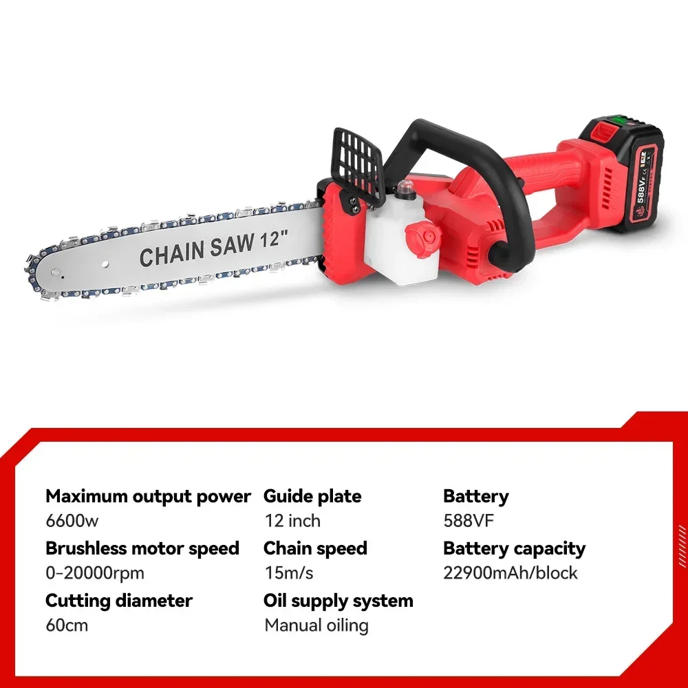 ONEVAN 12Inch Brushless Electric Chain Saw 6600W 20000RPM Cordless Handheld Chainsaw Graden Pruning Tools for Makita 18V Battery