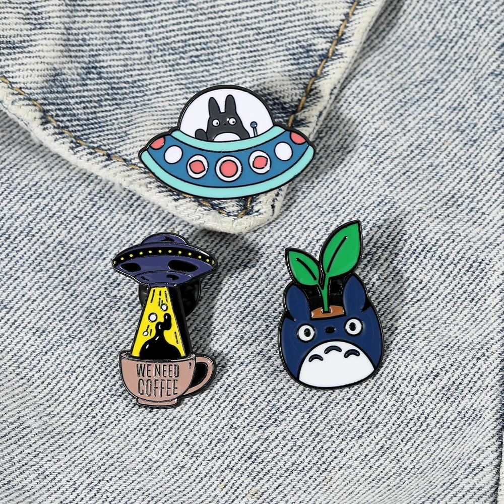Cute Anime UFO Totoro Enamel Pins Cartoon Alien Need Coffee Brooches