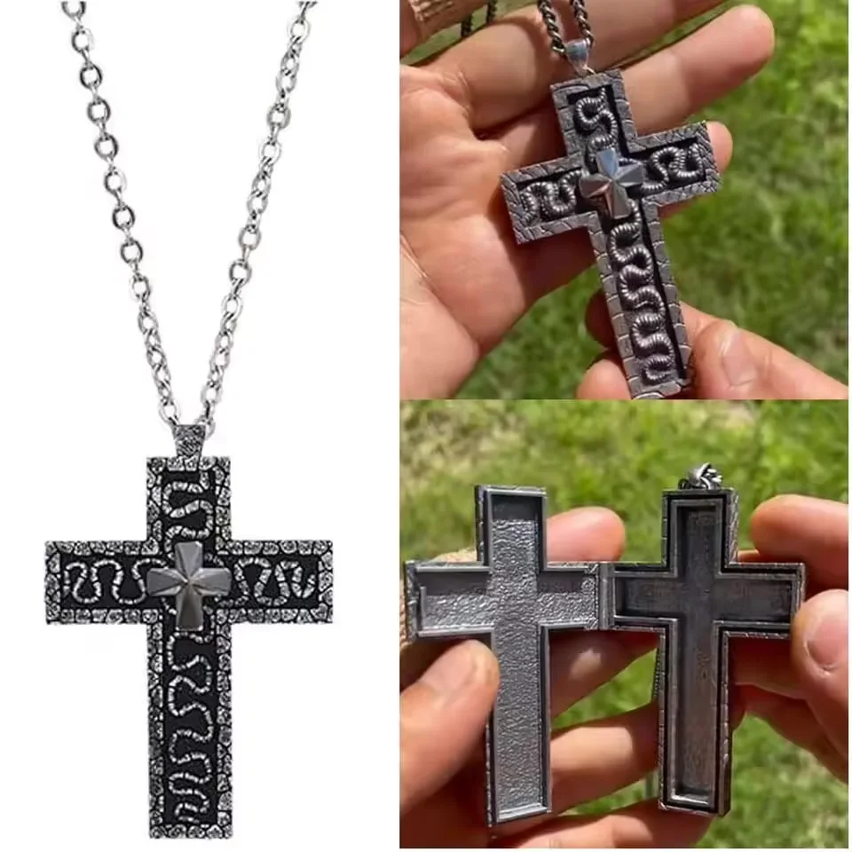 

Hot Openable Hip Hop Old Cross Necklace Secret Compartment Stainless Steel Pendant Gothic Punk Fashion Vintage 3D Jewelry Gift