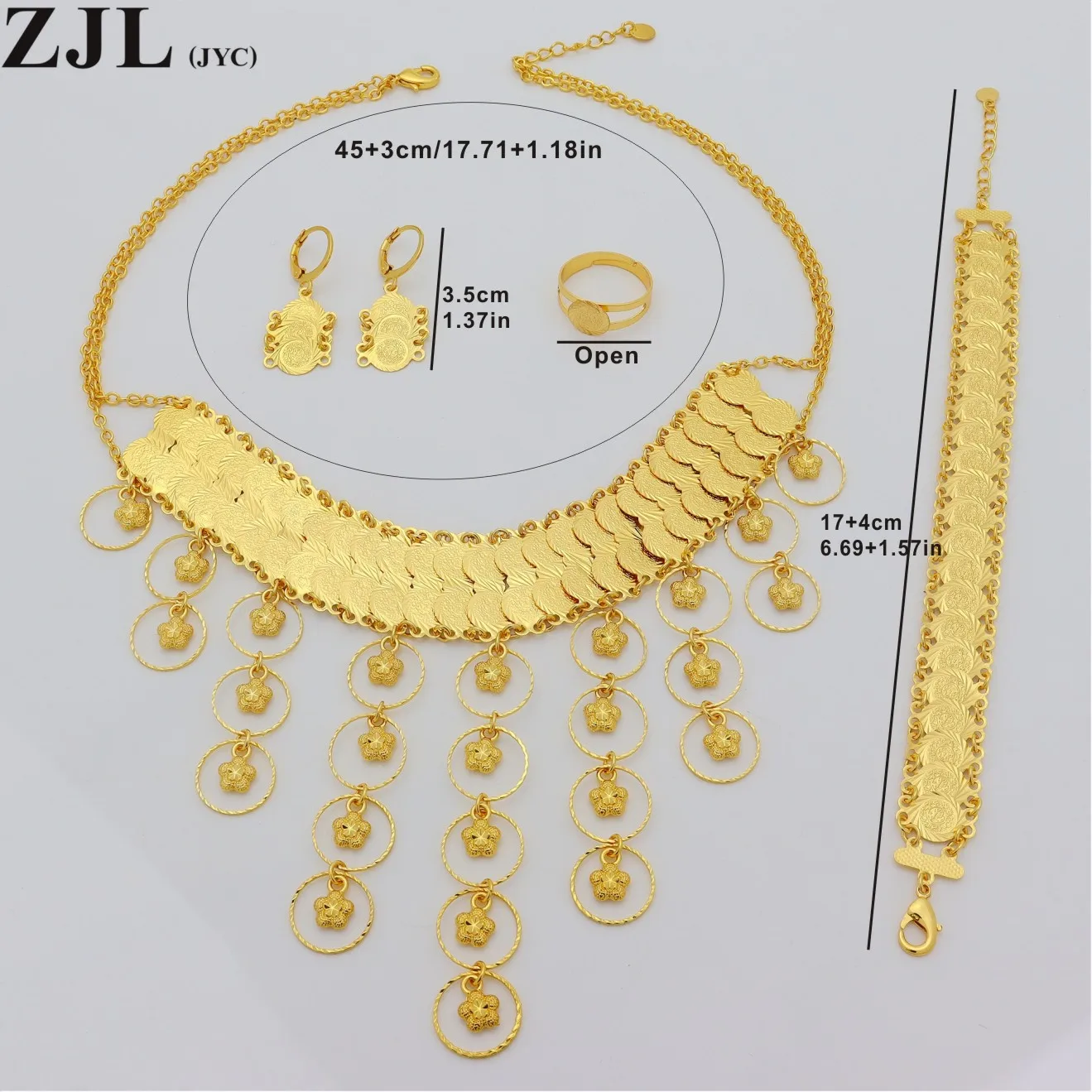 5pcs Necklace Earrings Bracelet Plus Ring Coin Lucky Five-Leaf Grass Luxury Jewelry Set 18k Gold Plated Golden Tassel Design