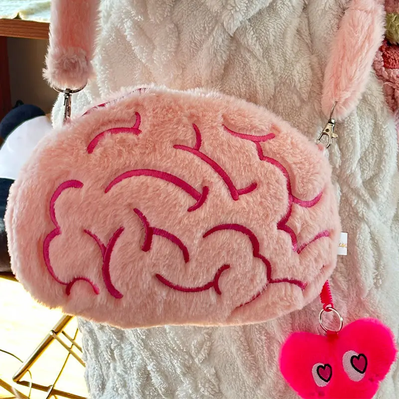 Y2K Cute Pink Love Brain Plush Shoulder Bags Funny Crossbody Bags Fashion Design Purse Cool Interesting Moving Ears Handbags Set