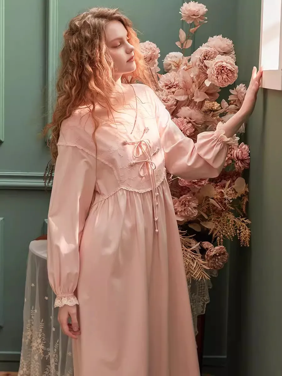 Sweet Cotton Sweet Princess Sleepwear Long Sleeve Elegant Female Solid Color Long Nightgowns Girls Spring Loose Nightwear