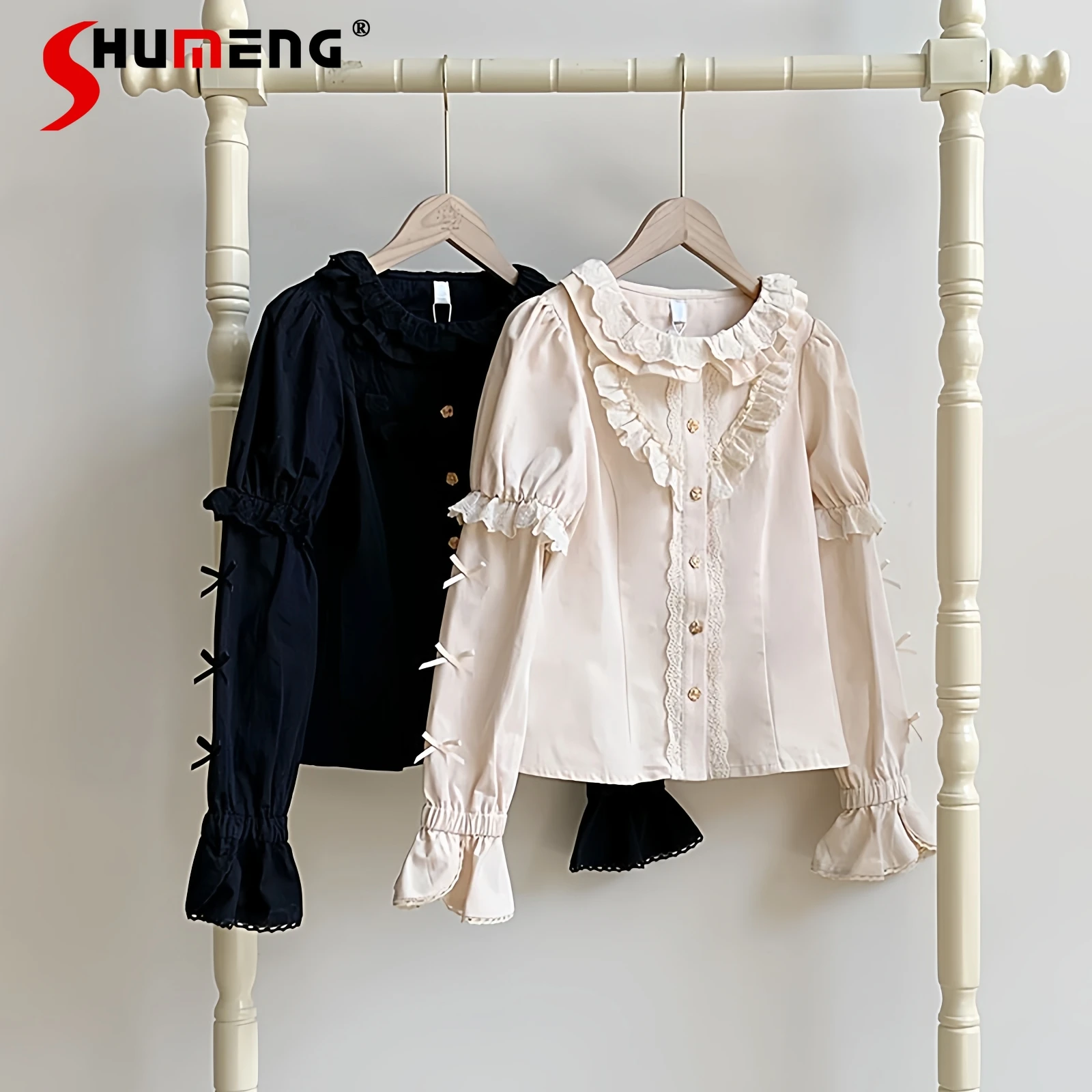 

Sweet Elegant Versatile Lolita Inner Shirt Ruffles Round Neck Flared Sleeve Bow Single-Breasted Lolita Blouse Top Women Autumn