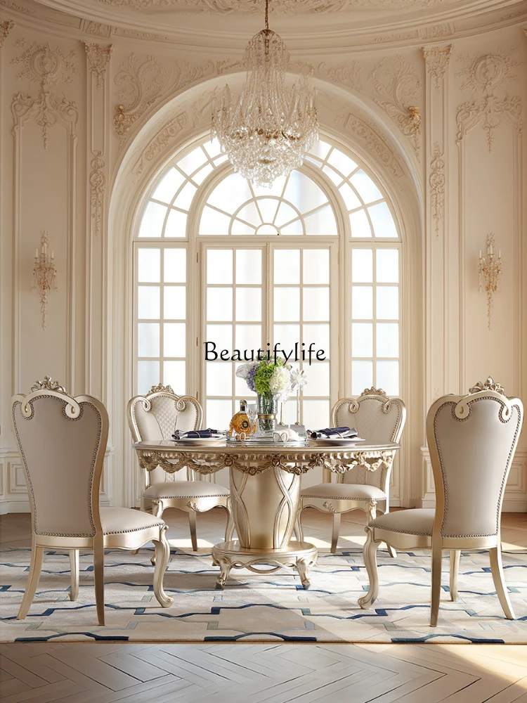 Light Luxury Wood Carving Silver Foil round Table European Turntable Dining Tables and Chairs Set