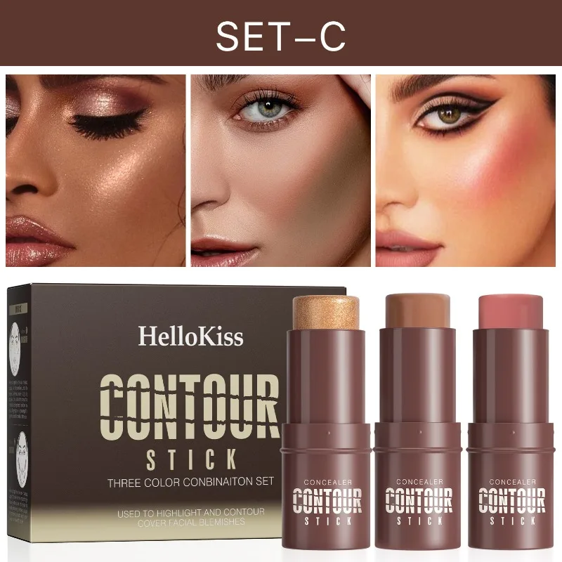 Ensemble de bâtons de Contour et de surbrillance, Kit professionnel complet pour sculpter le visage, Blush et scintillant, Trio de maquillage crémeux et facile à mélanger, 3 pièces