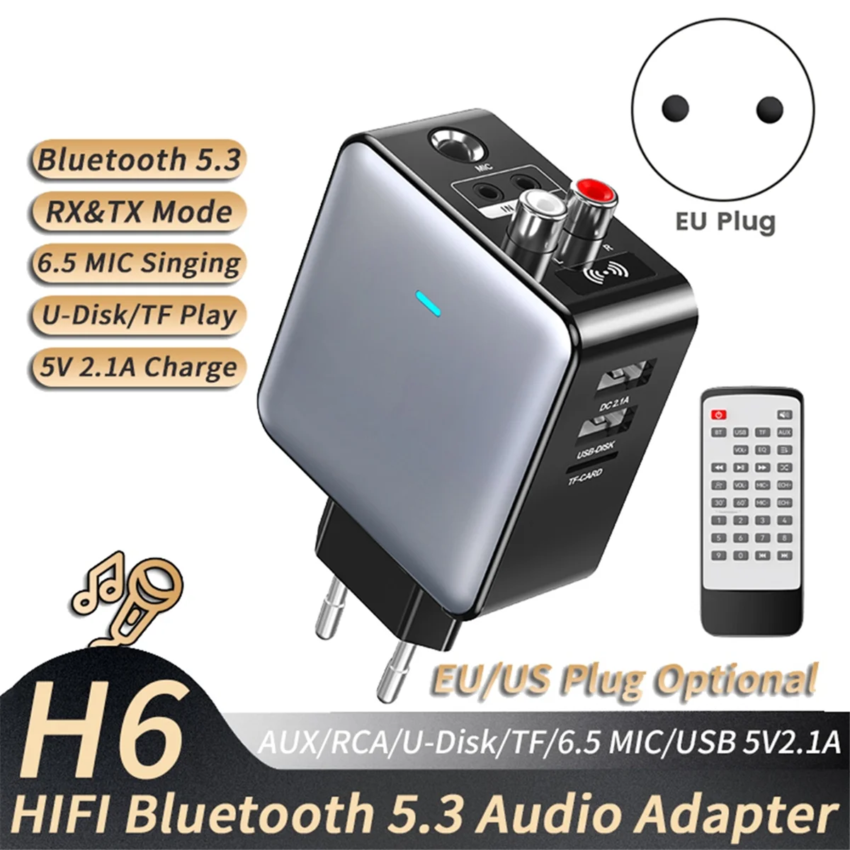 Bluetooth 5.3 Audio Transmitter Receiver 3.5mm AUX/RCA/TF/USB Karaoke HIFI Stereo Wireless Adapter-EU Plug