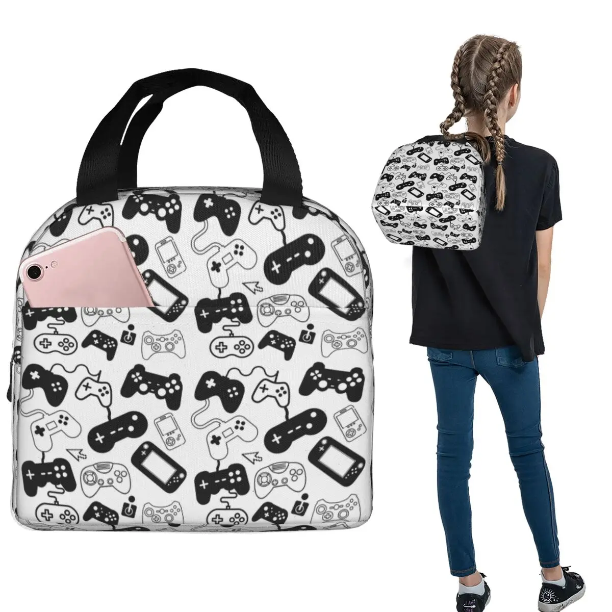Video Game Controller Control Pattern Insulated Lunch Bag for Women Children Leakproof Food Boxes Thermal Lunch Box Tote