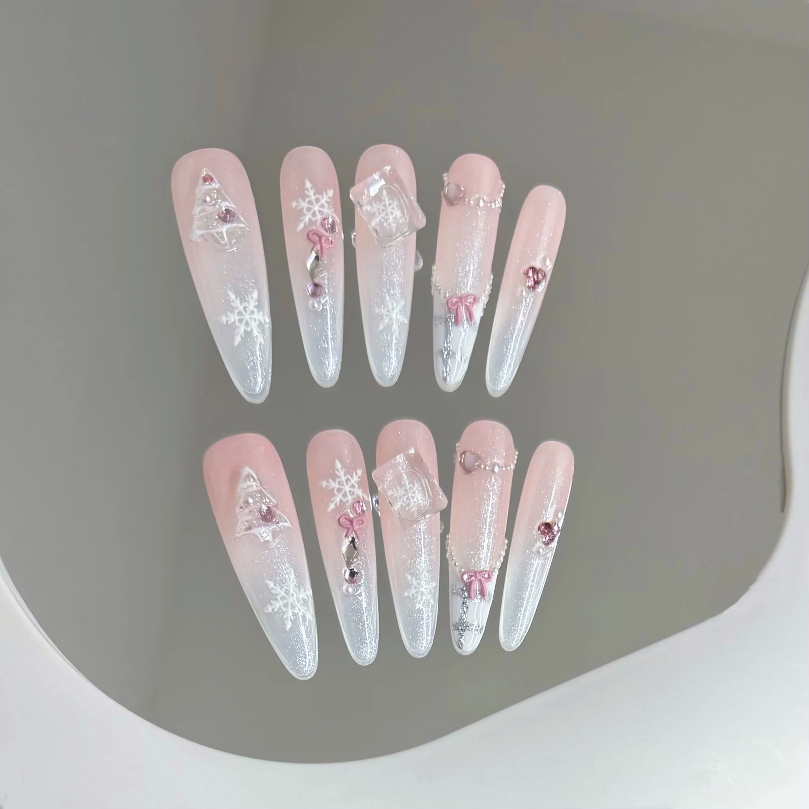 

10Pcs Long Almond Fake Nails for Christmas Blush Pink Handmade Press On Nails Xmas Tree/Snowflake/Bowknot Decor DIY Manicure