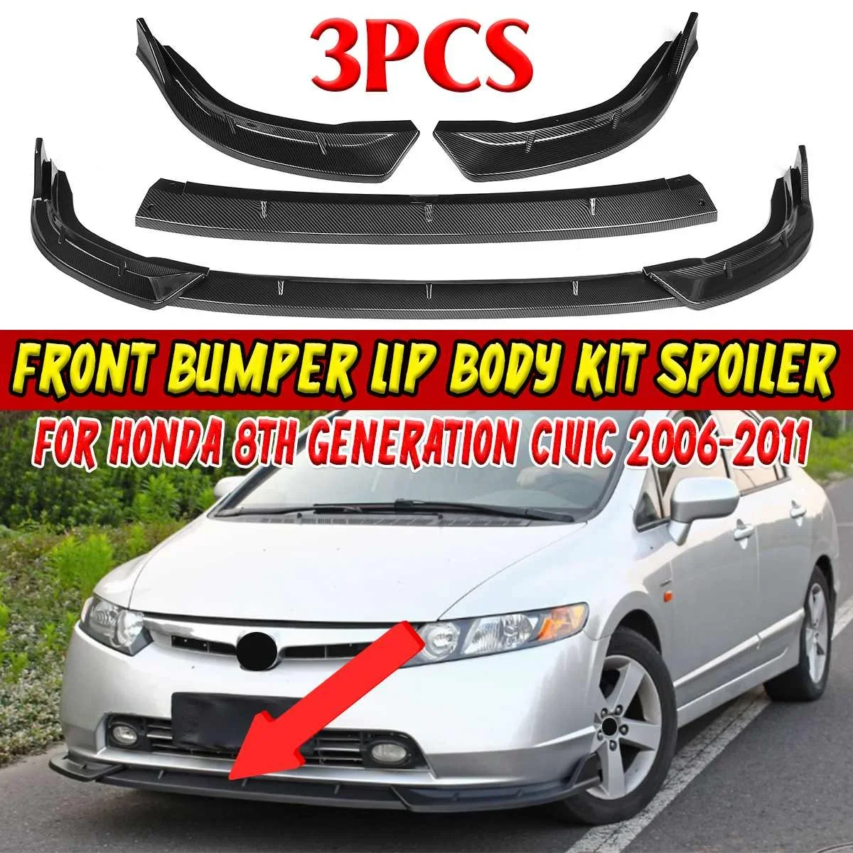 

High Quality Car Front Bumper Lip Chin Bumper Exterior Part Splitter Trim For Honda For Civic 8th Generation 2006-2011 Body Kit
