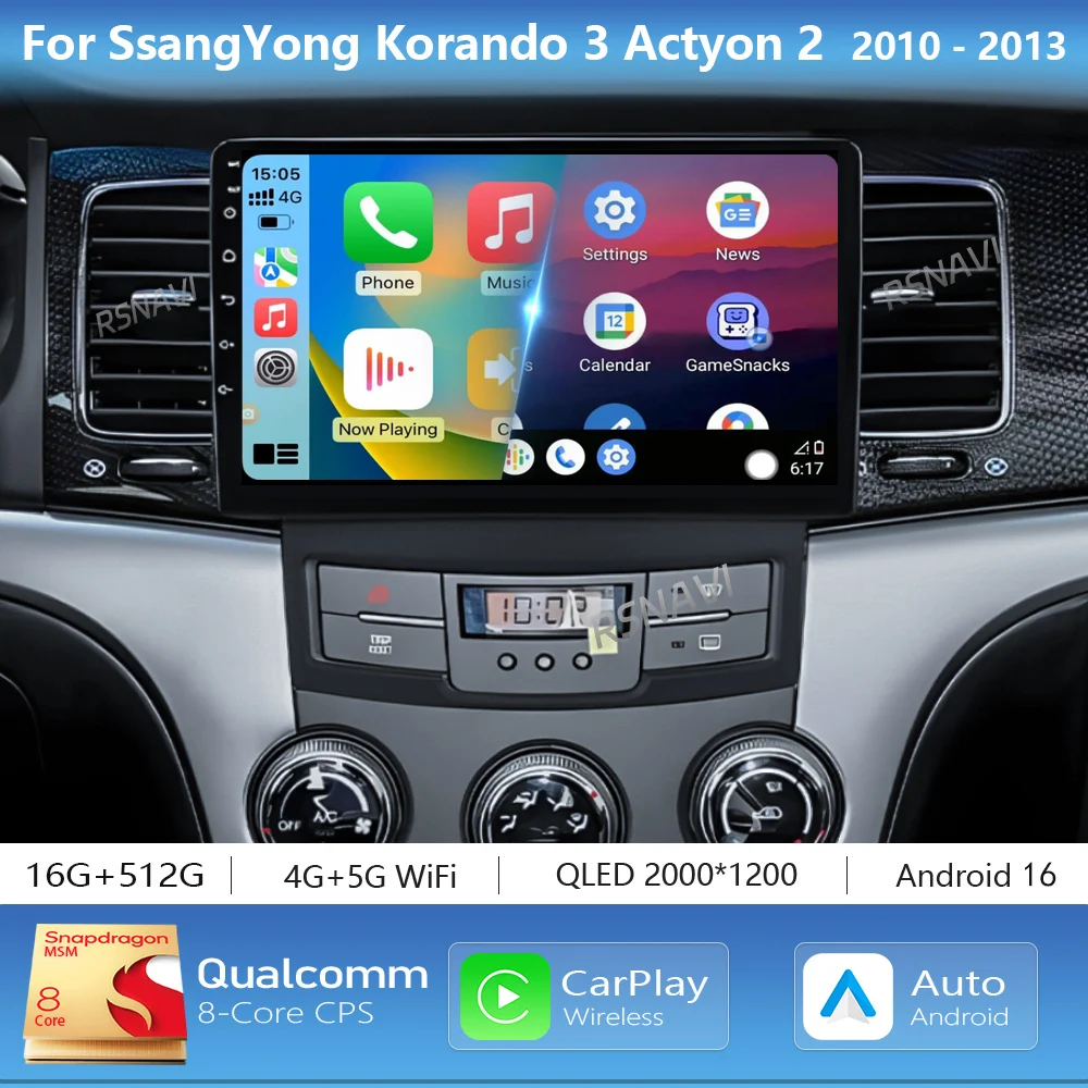 Android 16 Carplay Car Radio Multimedia For SsangYong Korando 3 Actyon 2 2010 - 2013 Head Unit BT GPS Video DVD Autoradio Stereo