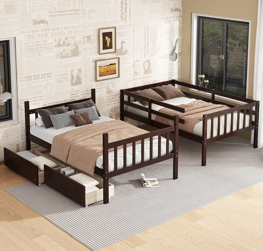 #Modern Adjustable Twin Over Twin Rubber Wood Bunk Bed With 2 Drawers Convertible Into 2 Twin Beds