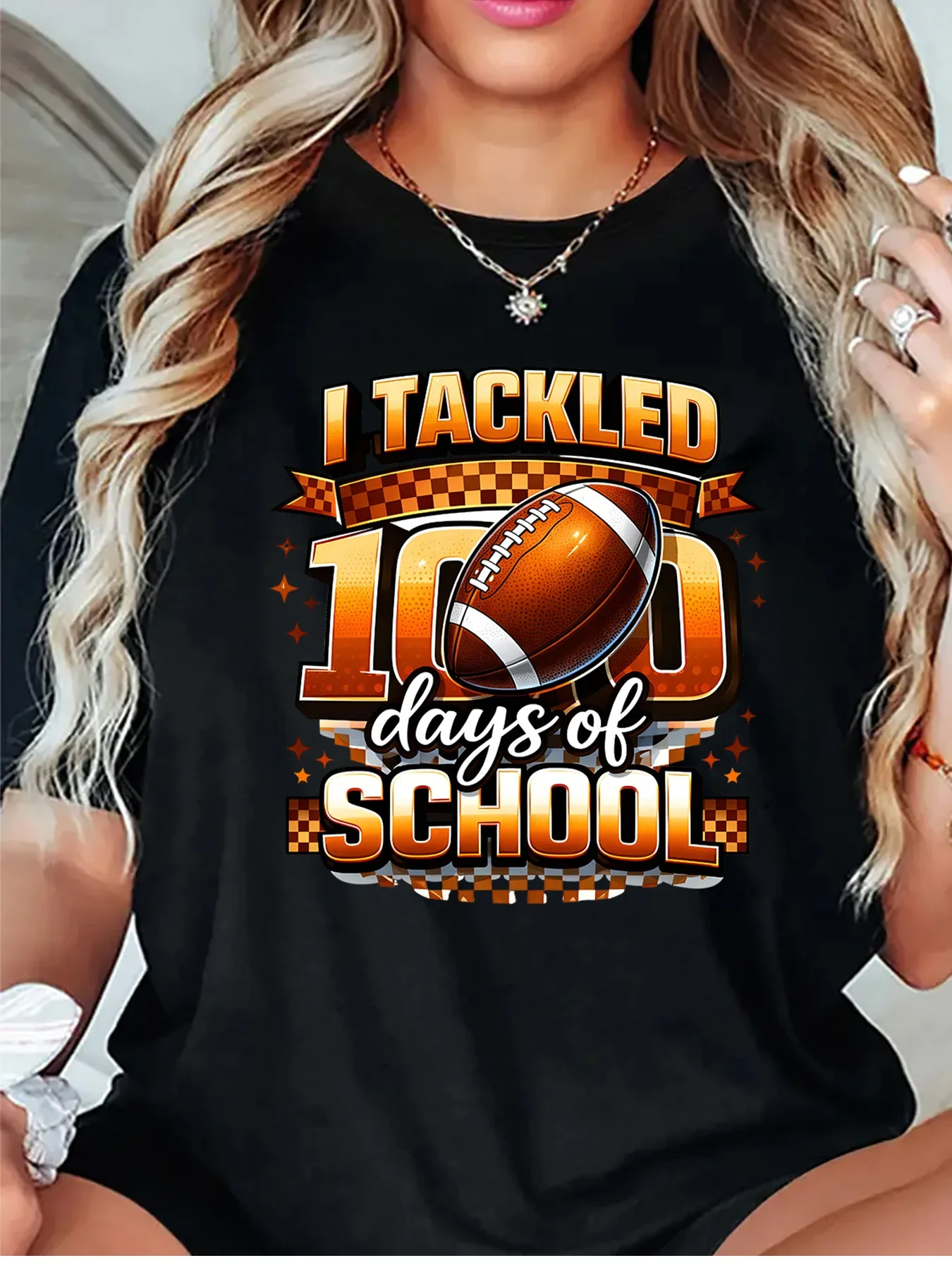 Cute I Tackled00 Days Of School Football Checkered Art Print Graphic Ladies T Shirt Short Sleeve Crew Neck Casual Tee Tops