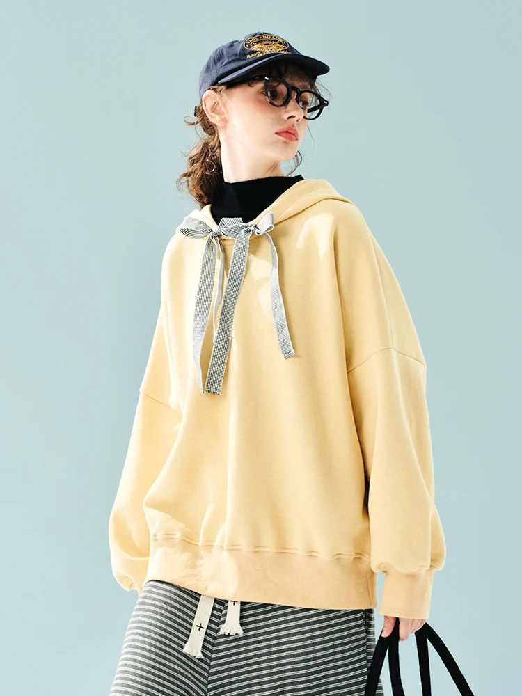 IMAKOKONI original design long sleeved pullover butterfly tie tied yellow hooded sweatshirt for women 244872