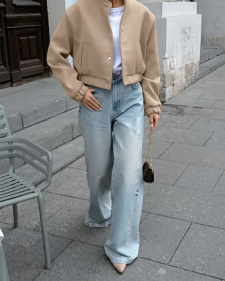 Autumn winter Bomber jacket fashion khaki thick standing collar woolen coat European Single Breasted Long Sleeve Coat Women
