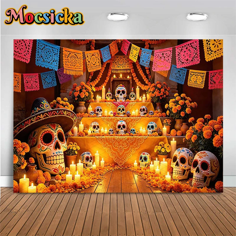 Mocsicka Day Of The Dead Photo Background Orange Mexican Altar Marigold Garland Glowing Sugar Skull Sombrero Fiesta Kid Backdrop