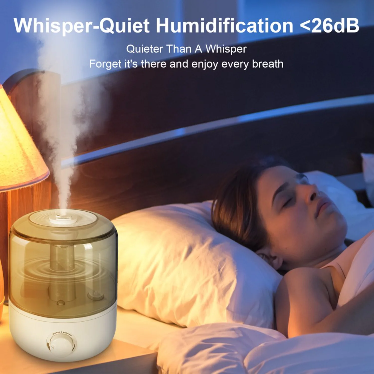 NOWOŚĆ Nawilżacz do sypialni - zbiornik na wodę o pojemności 1 galona, automatyczne wyłączanie, wyjątkowo cicha chłodna mgiełka dla dziecka - 360 °   Podwójna obrotowa dysza